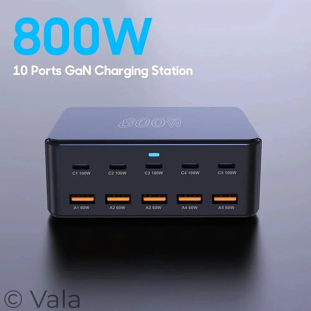 800W GaN 10-Port USB-C PD Fast Charger | 100W Desktop Charging Station