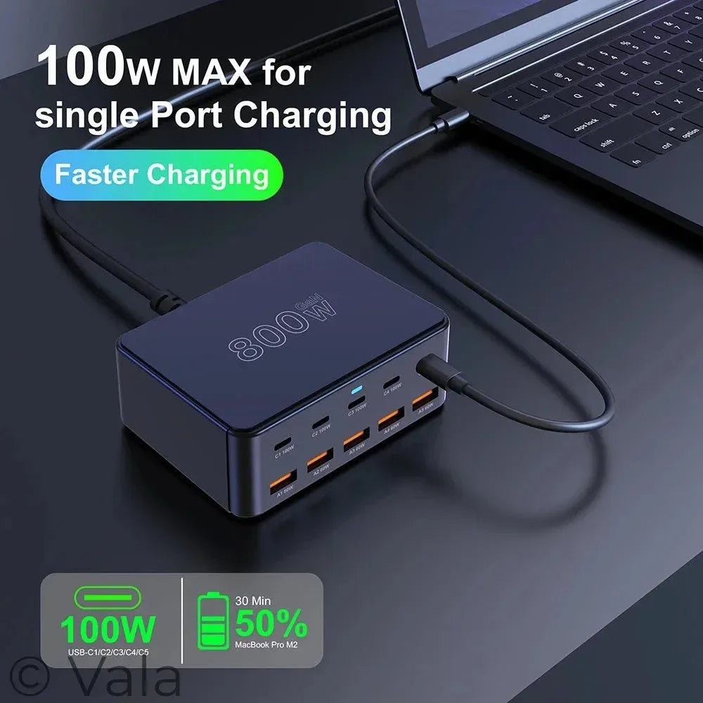 800W GaN 10-Port USB-C PD Fast Charger | 100W Desktop Charging Station