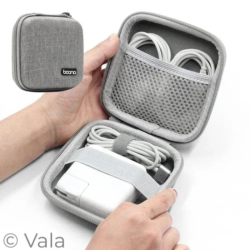 Gray travel case with electronic devices and cables, featuring the brand 'booda'.