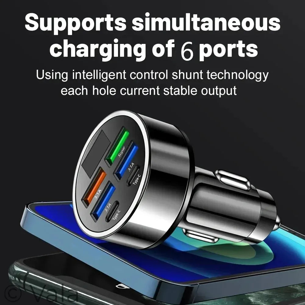 Multi-port car charger with six charging ports on a black background
