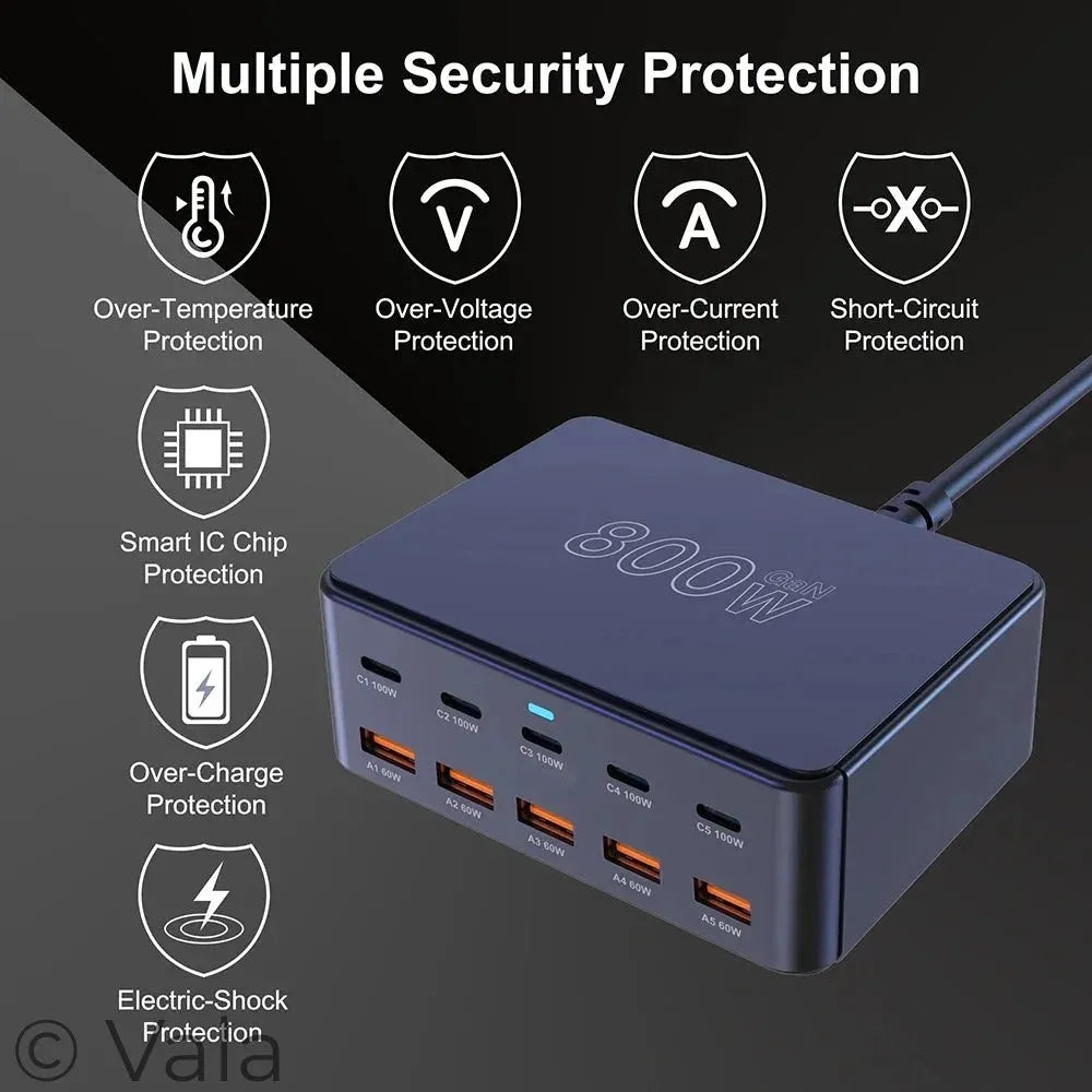 800W GaN 10-Port USB-C PD Fast Charger | 100W Desktop Charging Station