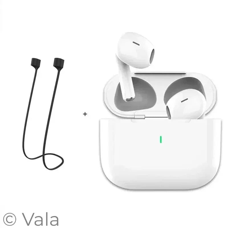 Wireless earbuds with charging case on a white background