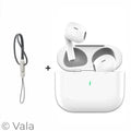 White wireless earbuds with charging case and lanyard on a white background