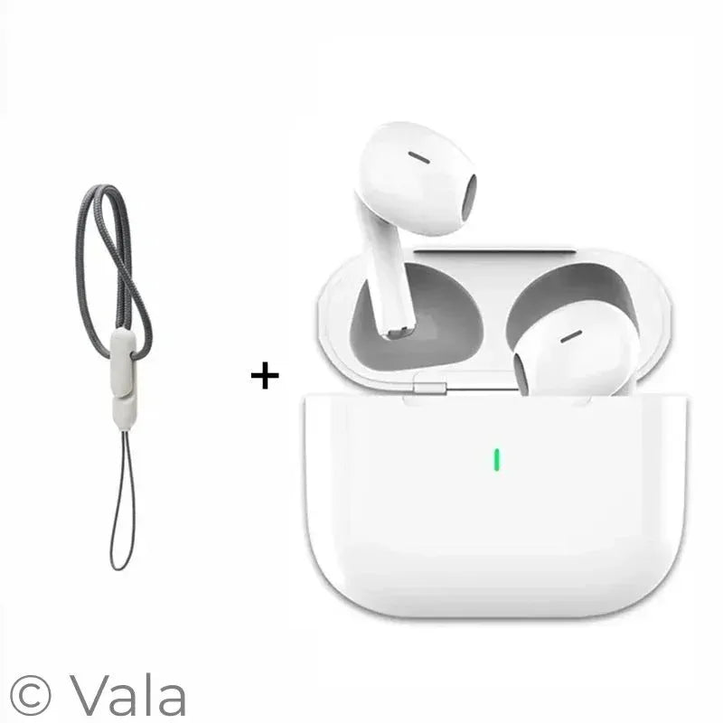 White wireless earbuds with charging case and lanyard on a white background