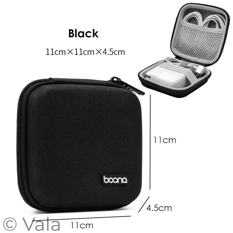 Black travel case with earbuds, showing dimensions and brand name 'boona'.