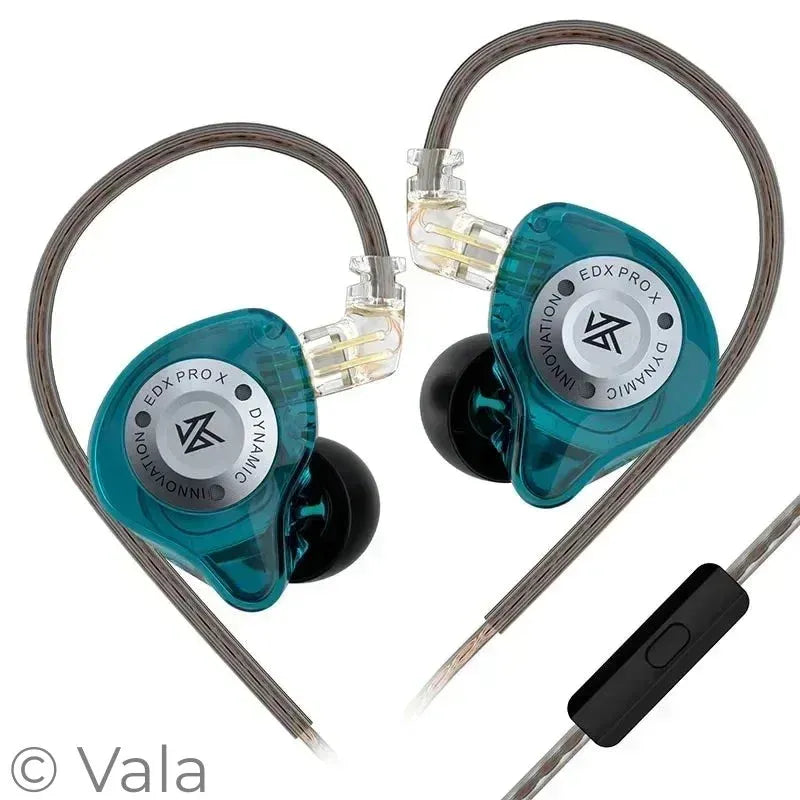 Teal earbuds with clear cables on a white background