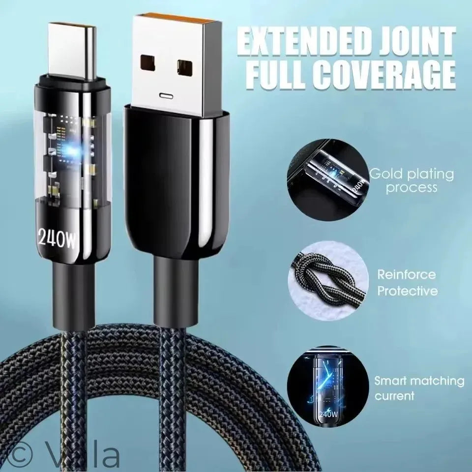 USB cable with gold plating process, reinforced protective design, and smart matching current features on a blue background.