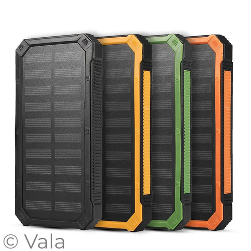 Four solar power banks in black, orange, green, and orange with black accents on a white background.