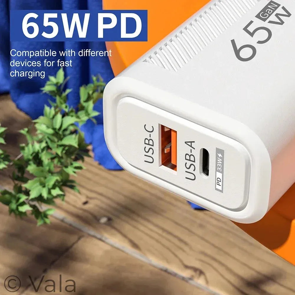65W PD power adapter with USB-C and USB-A ports on a wooden surface.