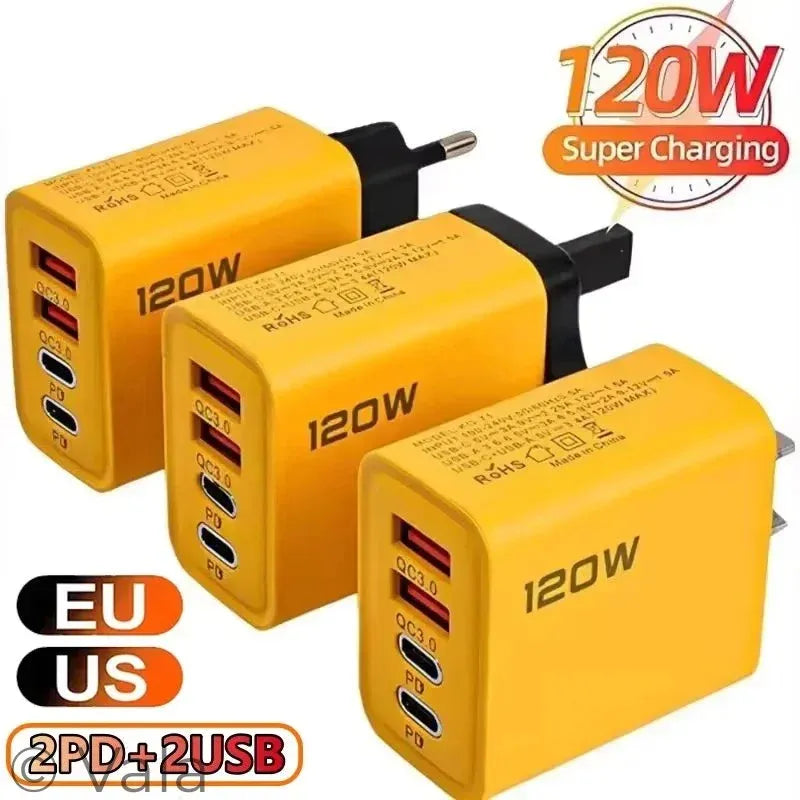 Three yellow 120W charging adapters with multiple ports on a white background