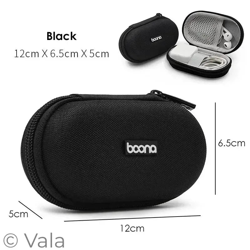 Black earbud case with boona branding, showing dimensions and product inside.