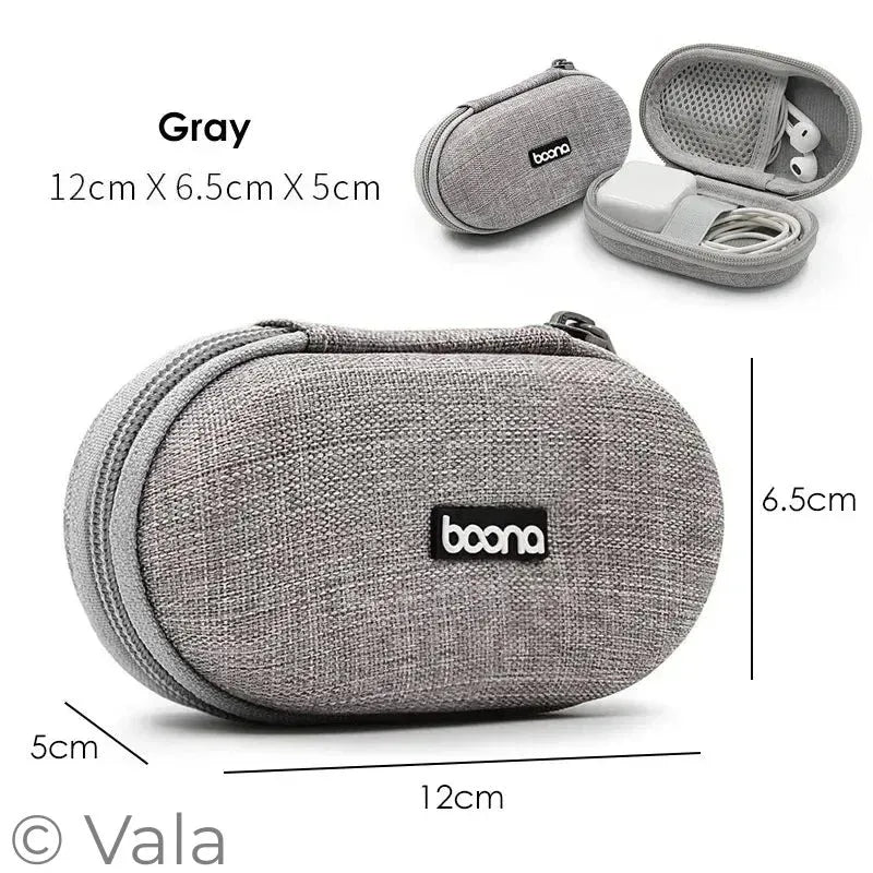 Gray travel case with boona branding, open to show earbuds and charging cable, with dimensions displayed.