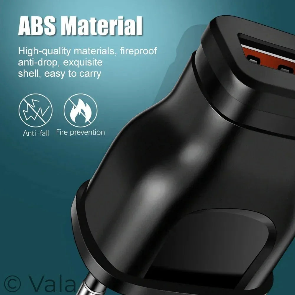 Close-up of a black USB charger adapter with text reading 'ABS Material' and feature callouts for high-quality materials, fireproof protection, and easy portability on a teal background.