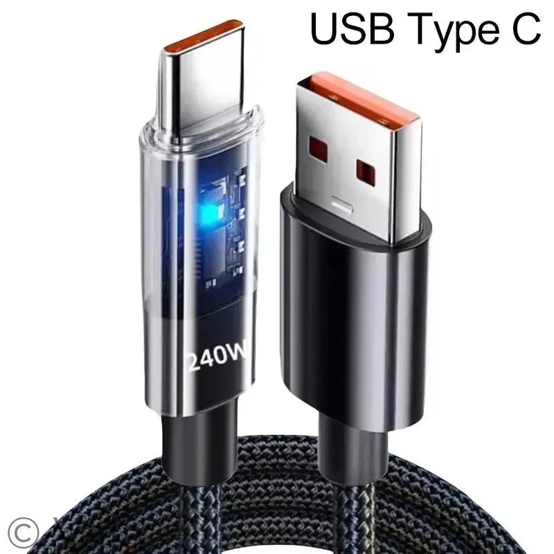 USB Type C cable with digital display on a white background
