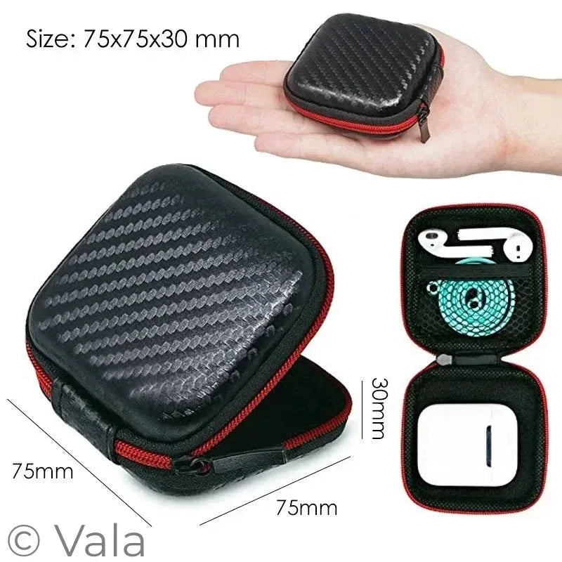 Black carbon-fiber-textured zippered hard case with red trim, shown closed, held in a hand, and open with interior compartments. Text indicates size 75x75x30 mm.