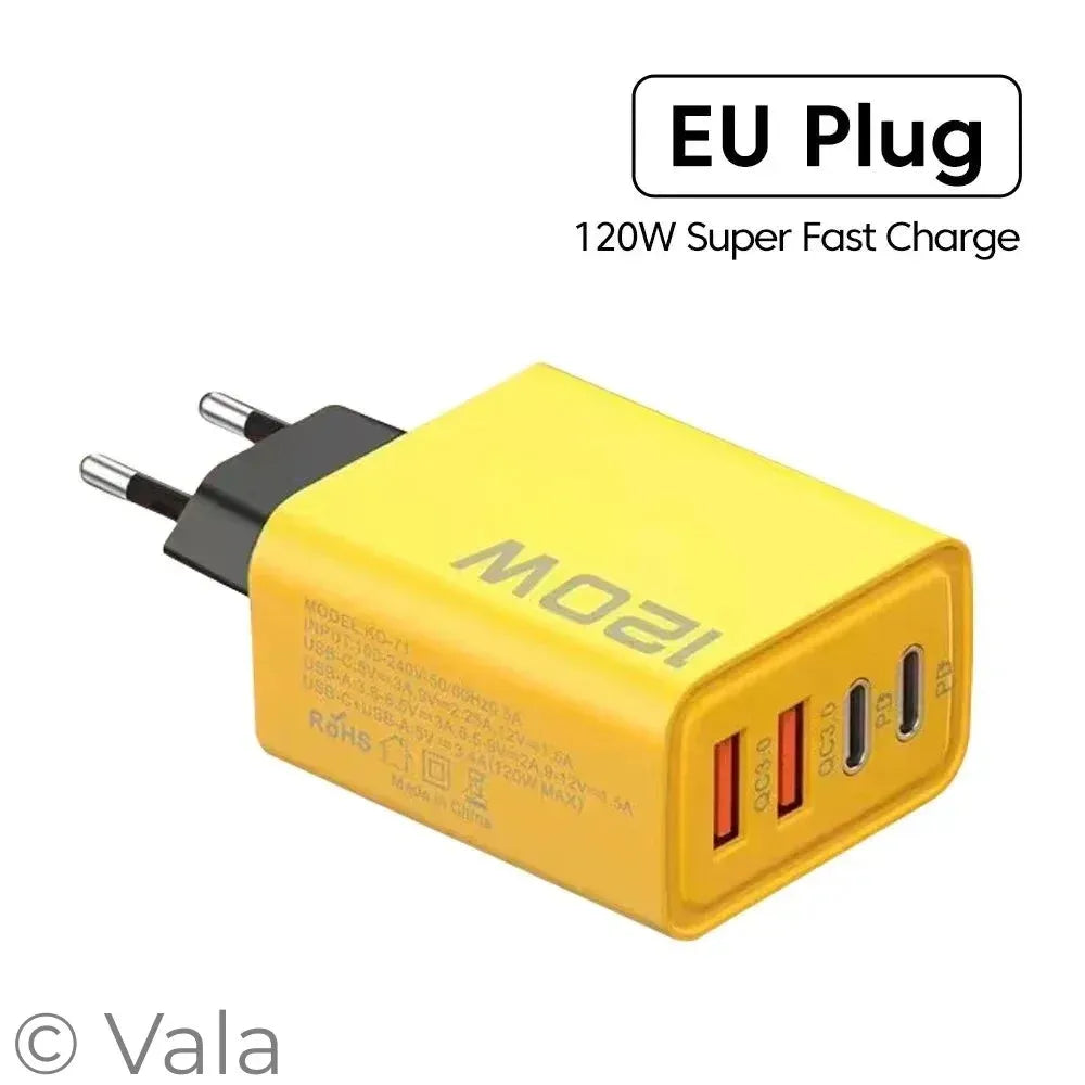 Yellow charging adapter with EU plug and 120W label on a white background