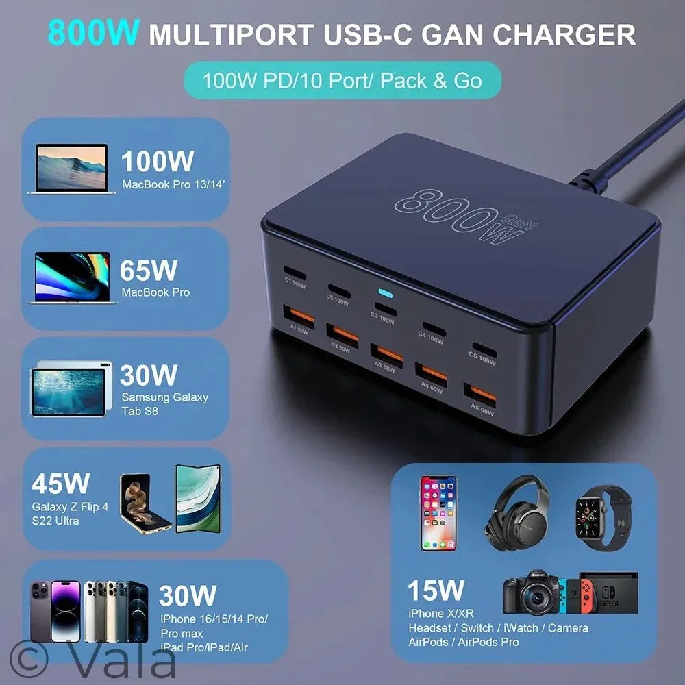 800W GaN 10-Port USB-C PD Fast Charger | 100W Desktop Charging Station
