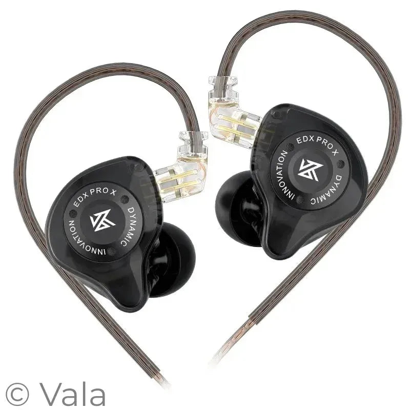 Pair of black in-ear headphones with visible branding on a white background