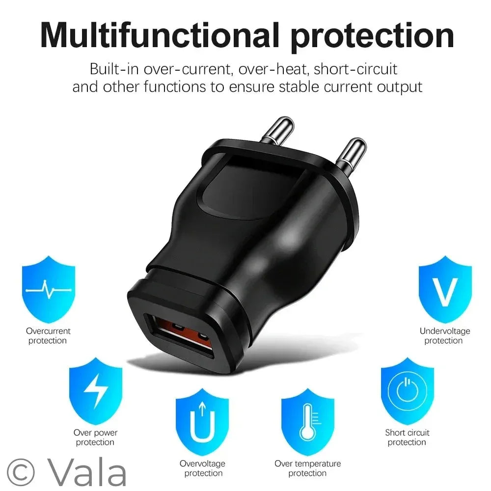 Black power adapter with safety features on a white background