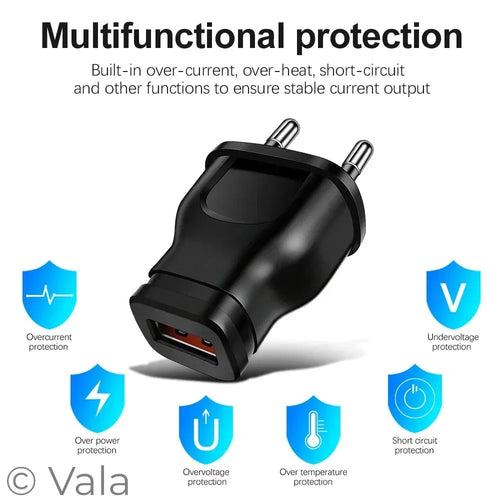 Black power adapter with safety features on a white background