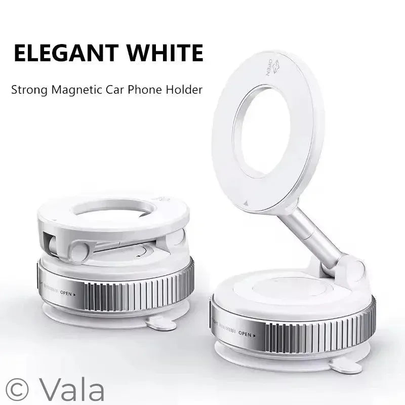 Strong magnetic car phone holder with 'Elegant White' text on a white background